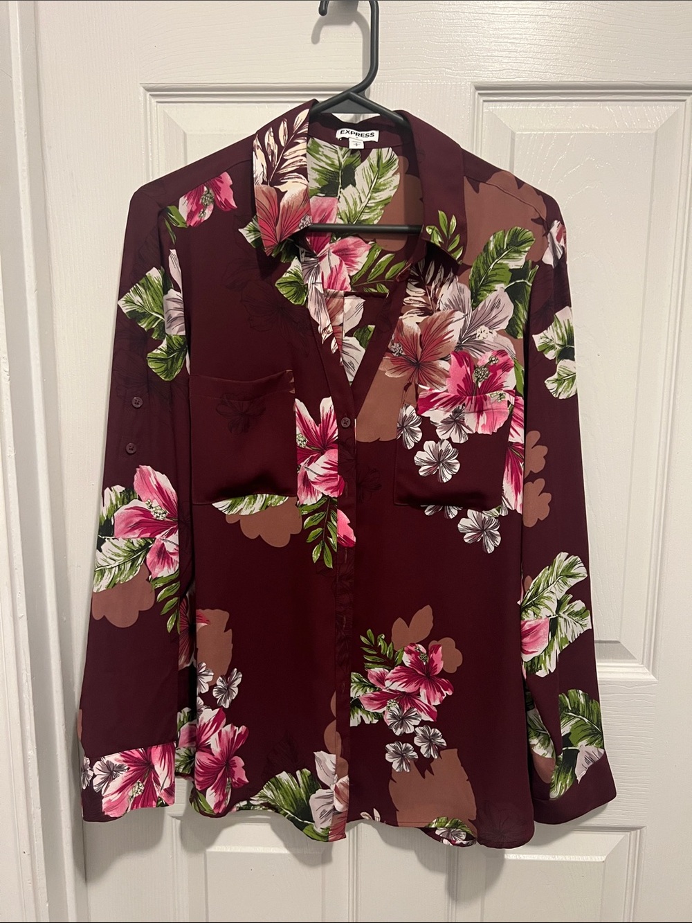 Express Floral Burgundy Button-Down Shirt